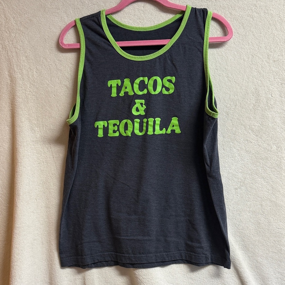 Black Tank Top with Neon Green 'Tacos & Tequila' Graphic